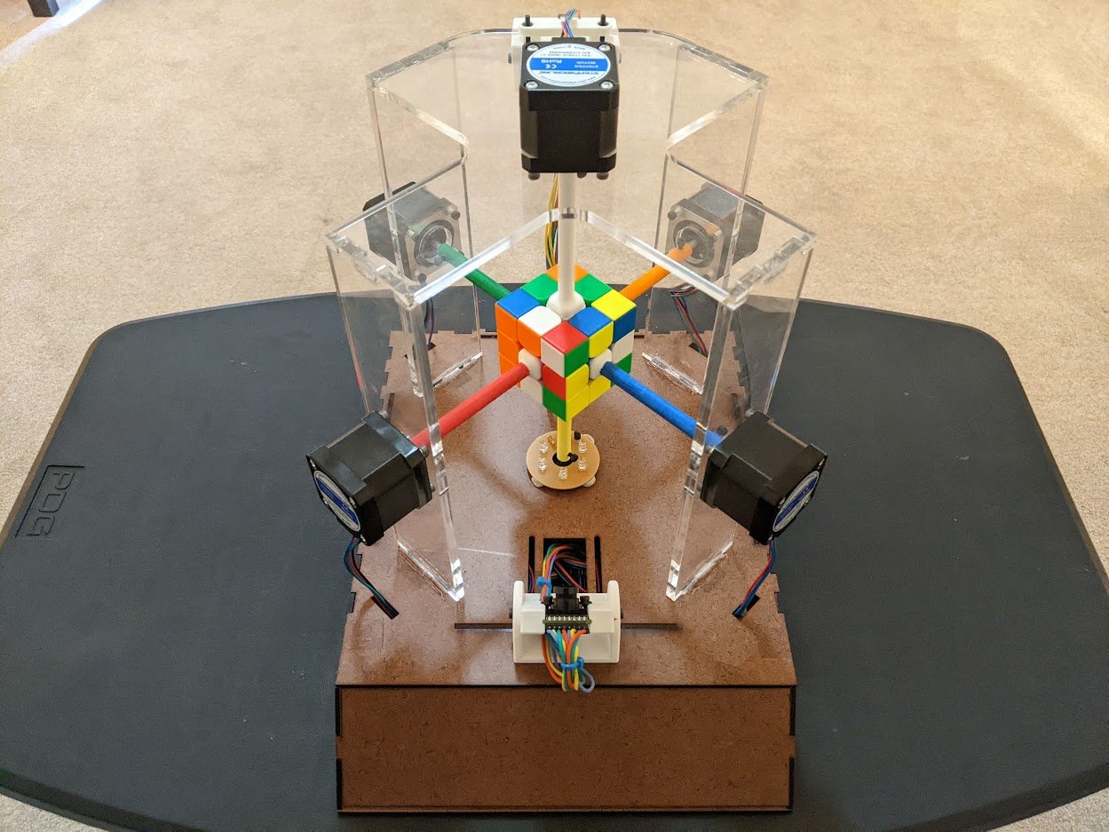 A Rubik's Cube suspended in the finished Rubiks Cube Solver machine