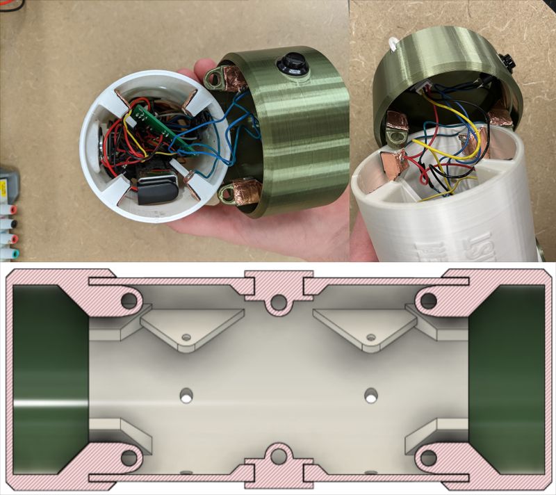 Partially assembled Totem Twist and cross-sectional view of the CAD model.