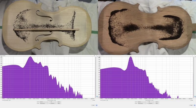 Chladni patterns of the violin top and back plates with associated frequency analysis.
