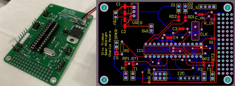 PCB design with routing and the final assembled PCB.